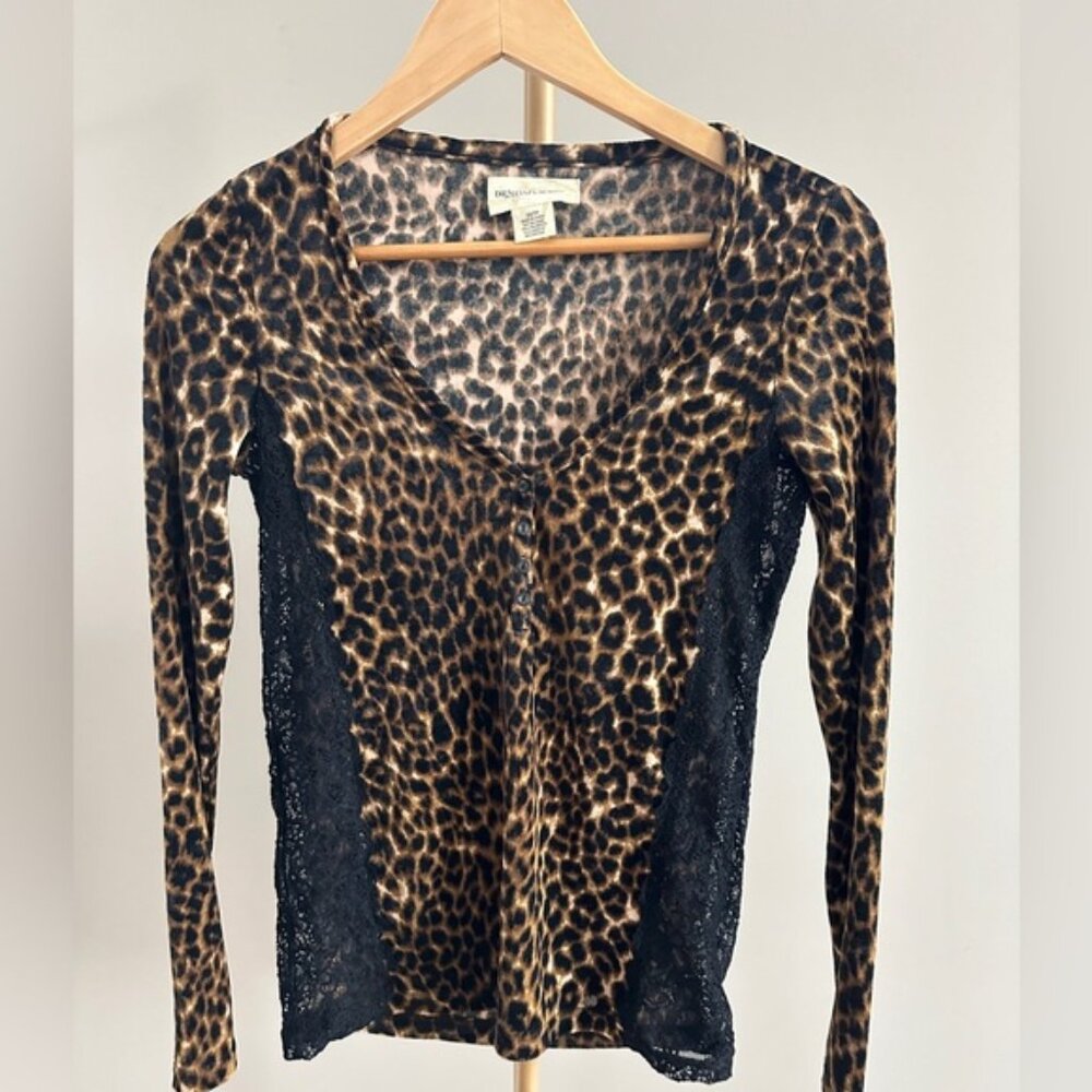 Ralph Lauren Denim & Supply Leopard Print Lace Top XS Sheer Panel Y2K Long SLV